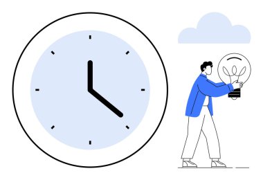 Büyük saat, insan parlak ampulle etkileşime girerken zaman kavramını ön plana çıkarır. Üretkenlik, yenilik, fikirler, planlama, verimlilik, zaman tasarrufu, yaratıcılık için idealdir. Basit düz metafor