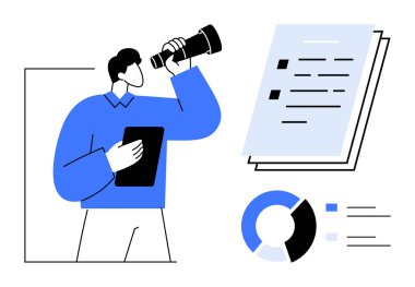 Teleskop ve tablet taşıyan erkek figürü, analitik dokümanlar ve pasta grafiğini gözlemliyor. Strateji, iş planlaması, veri analizi, araştırma, vizyon, keşif yeniliği için ideal. Basit düz