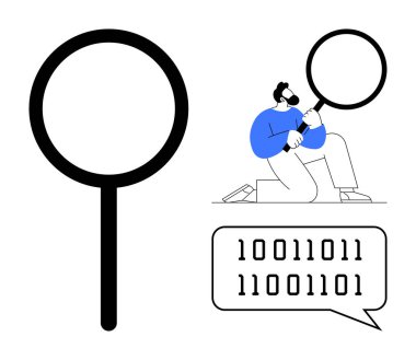 Adam diz çöküyor, büyüteçle ikili kodları inceliyor. Veri analizi, kodlama, siber güvenlik, teknoloji, araştırma, yenilik, problem çözen basit düz metafor