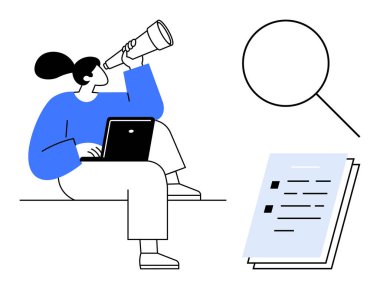 Dizüstü bilgisayarı açık oturan bir kadın, teleskopla bakıyor. Yakınlarda bir büyüteç ikonu ve belgeler var. Araştırma, keşif, analiz, öğrenme, keşif, gelecek planlama için ideal