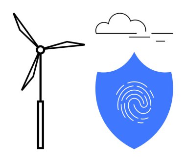 Parmak izine sahip rüzgar türbini, bulut ve kalkan yeşil enerjiyi, sürdürülebilirliği ve veri güvenliğini ön plana çıkarıyor. Yenilenebilir kaynaklar, eko teknolojisi, koruma, biyometrik iklim değişikliği için ideal