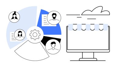 Takım profillerine, belgelere ve bulut bağlantılı ekrana sahip dişli ve turta grafiği. İşbirliği, uzaktan çalışma, otomasyon, iş süreçleri, takım yönetimi, veri paylaşımı için ideal