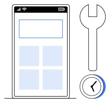 Uygulama düzeni, ingiliz anahtarı ve saat ile akıllı telefon arayüzü dijital araçları gösteriyor, onarım, güncelleme, verimlilik ve zaman yönetimi. Teknoloji ve verimlilik hizmeti optimizasyonu için ideal