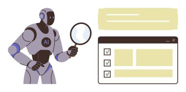 Robot, Yapay Zeka 'nın elinde büyüteç tutarak tarayıcı arayüzündeki bir kontrol listesini incelediğini belirtiyor. Teknoloji, analiz, verimlilik, denetim, otomasyon, araştırma yeniliği için ideal. Basit.