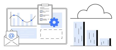 Grafikler, grafikler, e-posta, kontrol listesi ve veri analizini, görev takibini ve bulut temelli çözümleri sembolize eden teçhizat. Üretkenlik ve işbirliği teknolojisi için ideal iş, analitik organizasyonu işler.