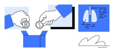 Bitcoin ve dolar olarak işaretlenmiş paraları bağış kutusuna insan ciğerlerinin diyagramının yanına koyan eller. Bağış, sağlık, fon, bağış, dijital para, teknoloji, basit bir daire için ideal