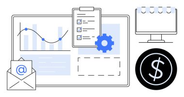 Yükselen çubuklu grafikler, panoda kontrol listesi, takvim, dolar işareti ve e-posta zarfı. Finans, işletme, strateji yönetimi organizasyonu verimlilik bütçesi için idealdir. Basit düz
