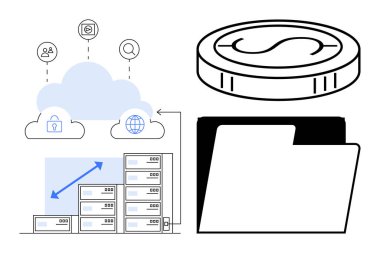 Güvenlikli bulut, veri tabanı, dosya klasörü, maddi para. Veri depolama, bulut hesaplama, dijital finans, siber güvenlik organizasyonu analitik iş büyümesi için ideal. Basit düz