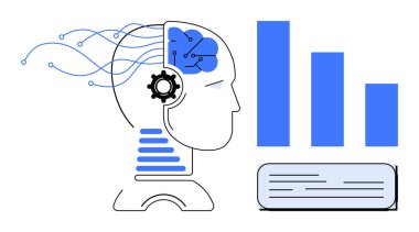 Dişli ve sinirsel yolları olan insan kafası, mavi çizelge ve metin bloğu. Yapay zeka, makine öğrenimi, teknoloji, yenilik, eğitim araştırma veri analizi için idealdir. Basit düz metafor