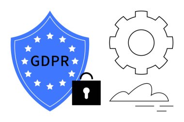 Yıldızlar, vites simgesi, kilit ve bulutlu mavi GDPR kalkanı çevrimiçi gizliliği, veri korumasını ve uyumu vurguluyor. Dijital güvenlik, teknoloji, yasal bulut güvenliği siber düzenlemesi için ideal