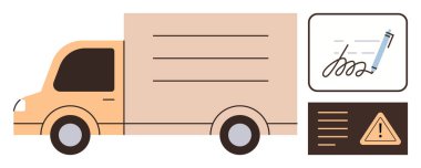 Teslimat kamyonu, kalemli elektronik imza defteri ve uyarı uyarısı lojistik, güvenlik, ulaşım, nakliye, e-ticaret, kurye servisi ve sipariş takibini simgeliyor. Lojistik için ideal