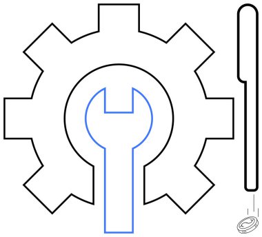 İngiliz anahtarını çevreleyen dişli, takım çalışmasını, tamirini ve yeniliğini vurgulayan dikey tornavidayla yan yana. Mühendislik, mekanik, çözümler, ilerleme, hassas bakım araçları için ideal