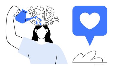 Başında çiçek açan kadın figürlü sular, öz bakımı, akıl sağlığını ve iç gelişimi simgeliyor. Kalp konuşma balonu aşk ve duygusal bağlantıyı ima eder. Sağlık ve farkındalık için ideal.