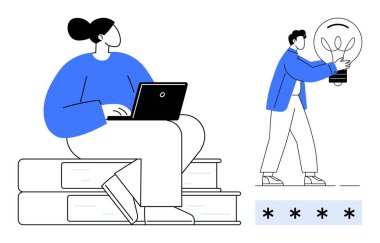 Birisi parlayan bir ampul taşırken, bir kişi dizüstü bilgisayarda, istiflenmiş kitapların üzerinde çalışır. Eğitim, yaratıcılık, takım çalışması, yenilik, kendini geliştirme, sorun çözme için ideal