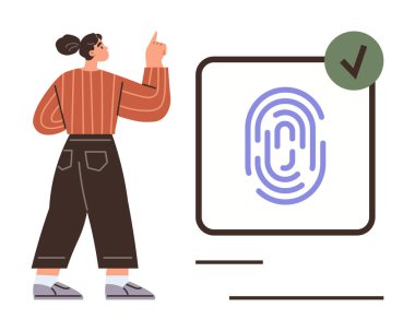 Dikdörtgenin içinde yeşil onay işaretli biyometrik parmak izi grafiği, ona doğru hareket eden bir kadın. Güvenlik, teknoloji, kimlik denetimi, erişim kontrolü, kimlik kontrolü ve onay için ideal