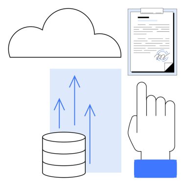Bulut simgesi, veritabanı, yukarı doğru oklar, imzalı belgeler ve el hareketi. Bulut hesaplama, veri büyümesi, uzaktan işbirliği, dijital güvenlik belgesi çevrimiçi erişim için ideal