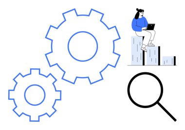 Hareket halindeki dişliler, bar tablosunda dizüstü bilgisayarı olan bir kadın verileri analiz ediyor ve cam büyüterek analiz, araştırma ve verimliliği temsil ediyor. Takım çalışması, strateji, yenilik ve verimlilik için ideal