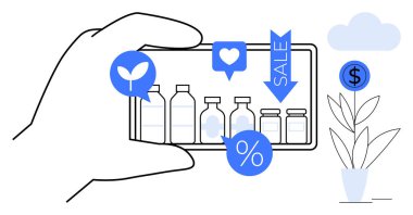 Akıllı telefonlar, ürünler, satış etiketleri ve çevre dostu ikonlar. E-ticaret için ideal, çevrimiçi pazarlama, sürdürülebilirlik, mobil alışveriş, indirimler, ürün promosyonları basit daire