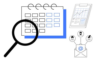Takvimde büyüteç, analiz tablosu ve profil simgeleriyle e-posta iletişimi. Üretkenlik, organizasyon, takım çalışması, zamanlama, pazarlama, araştırma planlaması için ideal