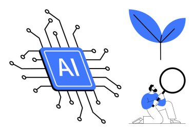Yapay zeka dallanma devreleriyle etiketlenmiş mikroçip, sürdürülebilirliği sembolize eden yeşil yaprak filizi, büyüteçle bireysel inceleme. Teknoloji, yenilik, sürdürülebilirlik ve araştırma için ideal