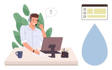 Kulaklık takan, daktilo eden, bilgisayarlı, fincanlı, listeli, mavi damlacıklı bir adam. Destek, iletişim, iş akışı, uzak çalışma verimliliği odaklama teknolojisi için ideal. Basit bir daire.