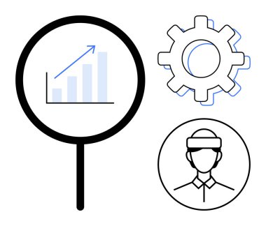 Büyüteç çerçeveleri grafik büyümesini, dişliler süreci, insan simgesi ise kullanıcı odaklı olduğunu gösteriyor. Analiz, performans, yenilik, takım çalışması, problem çözme stratejisi için ideal. Basit düz
