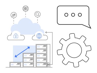 Güvenli sunuculara, ölçeklendirme okuna, iş akışı için teçhizata, mesaj baloncuğuna ve bağlantıyı, ölçeklenebilirliği ve güvenliği vurgulayan simgelere bağlı bulut. Teknoloji ve bulut hizmetleri iletişimi için ideal