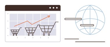 Alışveriş arabalarının olduğu çubuk grafik ve tarayıcı penceresindeki yukarı doğru ok satış büyümesini simgeliyor. Soyut çizgilere sahip dünya küresel online ticareti temsil ediyor. Analiz, ticaret ve teknoloji için ideal.