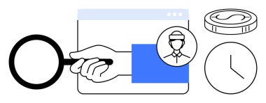 Tarayıcı penceresi üzerinde büyüteç, kullanıcı profili simgesi, saat ve para araştırma, zaman, para ve kullanıcı rollerine odaklanıyor. İş için ideal, analiz stratejisi finans iş yönetimi dairesi