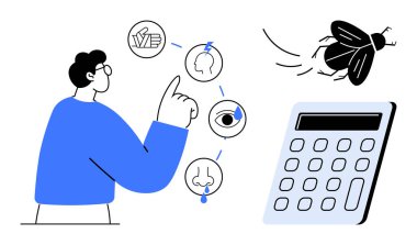 İnsanoğlu görme, koklama, dokunma duyuları ile etkileşime girer, uçan bir böcek ve hesap makinesi yakınlarda belirirken ikonlar tarafından temsil edilir. Eğitim, bilim, öğrenme, araştırma, algı için ideal