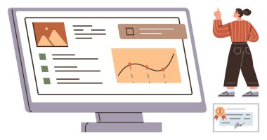 Ekranda gösterilen veri ve grafikleri inceleyen kadın, grafikleri, sertifikaları ve analitik görüşleri dikkate alıyor. Eğitim, iş planlaması, istatistik, başarı, büyüme motivasyonu için ideal