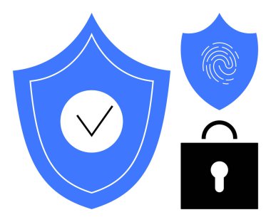 İşaretli mavi kalkan, parmak izi deseni ve koruma, kimlik doğrulama ve mahremiyeti temsil eden kilit simgesi. Siber güvenlik, veri güvenliği, güven, şifreleme erişim kontrolü için ideal.