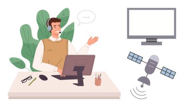 Masadaki adam sanal iletişim için bilgisayar ve kulaklık kullanıyor. Yanında da uydu ve ekran var. Müşteri hizmetleri için ideal, çevrimiçi iletişim, ağ, teknoloji, uzaktan çalışma, küresel