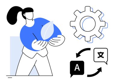Kadın, çevreci farkındalığı sembolize eden bir yaprak tutuyor, yenilik için teçhizat, ve küresel iletişim için çeviri okları. Sürdürülebilirlik, ekoloji, takım çalışması, teknoloji, küreselleşme için ideal