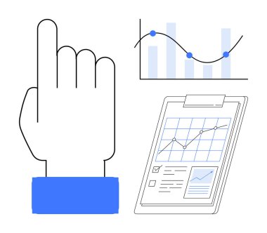 Analitik veri içgörülerini, analizi, karar verme sürecini, iş büyümesini, üretkenliği, pazar eğilimlerini ve araştırma süreçlerini vurgulayan yukarı, çubuk ve çizgi grafiklerini gösteren el işaretleri.