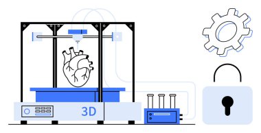 3D yazıcı kalp prototipi, teçhizat, kilit ve test tüpleriyle çevrili. Sağlık, yenilik, biyoteknoloji, güvenlik prototipi yapay zeka teknolojisi için idealdir. Temiz