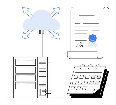 Sunucuya yönlendirilmiş oklarla bağlı bulut, mühürlü sertifikalı belge ve takvim. Teknoloji, veri, iş, yönetim, planlama sertifika organizasyonu için idealdir. Basit.