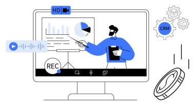 CRM araçları, HD video, kayıt ve ses oynatıcı ile ekranda grafikleri açıklayan çevrimiçi sunucu. Uzaktan çalışma, web siteleri, çevrimiçi eğitim, CRM analitik teknoloji iletişimi için ideal