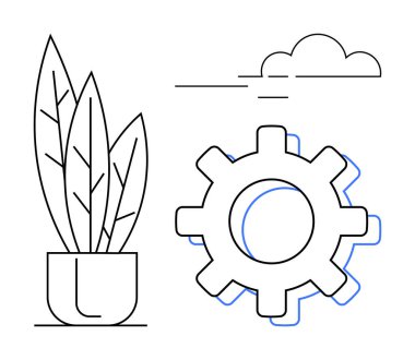 Bulutların altında mekanik teçhizatın yanı sıra çömlekte bitki yetiştirmek, doğa ve teknolojiyi harmanlamak. Sürdürülebilirlik, yenilik, büyüme, eko-ekonomi, denge, mühendislik minimalizmi için idealdir. Basit düz metafor