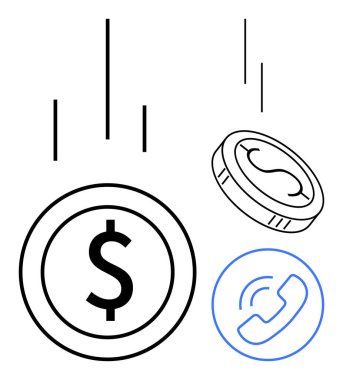 Siyah ve beyaz sikkeler, finansal işlemleri, kazancı, mobil bankacılığı, desteği, bağlantıyı, iletişimi, varlık transferini sembolize eden mavi bir telefon çağrısı ikonuyla birlikte düşüyor. Finans için ideal