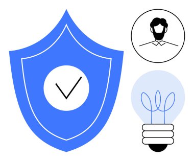 İşaretli mavi kalkan, dairesel kullanıcı avatarı ve parlayan ampul. Güvenlik, kimlik, yenilik, teknoloji, koruma mahremiyeti karar verme kavramları için idealdir. Basit düz metafor