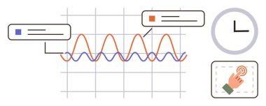 Bir ızgaradaki notlar ve etkileşimli elementlerle grafiksel görselleştirme, zamanı simgeleyen bir saat ve bir dokunmatik eylem. Veri analizi, izleme, etkileşim tasarımı, iş eğilimleri için ideal