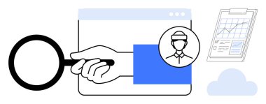 Tarayıcı penceresi, kullanıcı simgesi, veri tablosu ve bulut üzerinde el ele tutuşan büyüteç. Araştırma, analitik, kullanıcı odaklı, veri analizi işe alma teknolojisi araştırması için ideal. Basit düz