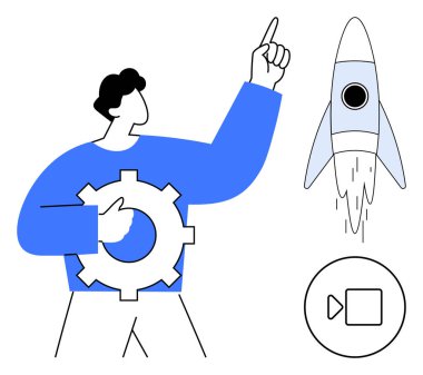 Tutma teçhizatını yukarı doğrultan kişi, roket fırlatılıyor, video simgesi. Yenilik için ideal, başlangıç motivasyonu, takım çalışması, iş büyümesi, modern strateji belirleme planı. Basit düz