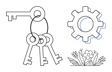 Anahtarlar bir yüzükle, mekanik teçhizatla ve yaratıcılığı, çözümleri ve gelişimi sembolize eden bir çiçek düzeniyle bağlanmış. Strateji, takım çalışması, üretkenlik, doğa yeniliği güvenliği için ideal