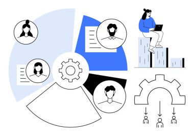 Ekip üyeleri ve belgelerini gösteren dört bölümlü ekipman, grafik çubuklarında dizüstü bilgisayarı olan kişi ve iş akışı diyagramı. Takım çalışması, süreç optimizasyonu, proje planlaması ve işbirliği için ideal