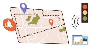 Yol haritası, konum pimleri, alarm simgesi, trafik sinyali ve analiz çizelgesi. Navigasyon, seyahat planlaması, trafik yönetimi, analitik GPS şehir tasarımını izlemek için ideal basit düz metafor