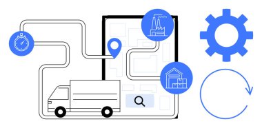 Konum kodu, fabrika ve depo simgeleriyle bağlı güzergahlarda seyahat eden bir kamyon. Teslimat ağı, tedarik zinciri yönetimi, ulaşım, lojistik, planlama, işlemler için ideal