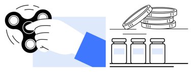 Kıpır kıpır dönen bir el, odaklanma ve rahatlama sembolleri. Birikmiş para ve kavanozlar tasarruf, yatırım ya da kaynak organizasyonu iletir. Sağlık, finans, verimlilik, farkındalık için ideal