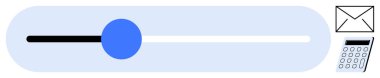 Mavi daireli yatay kaydırıcı, e-posta zarfı simgesi ve hesap makinesi. Teknoloji için ideal, UI tasarımı, ayarlama, kişiselleştirme, dijital araçların verimliliği. Basit düz metafor